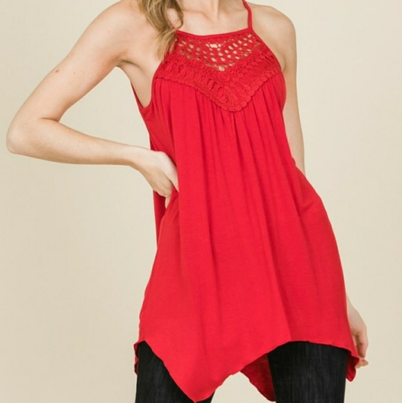 Crochet lace detail sleeveless top - RED - Picture 2 of 3
